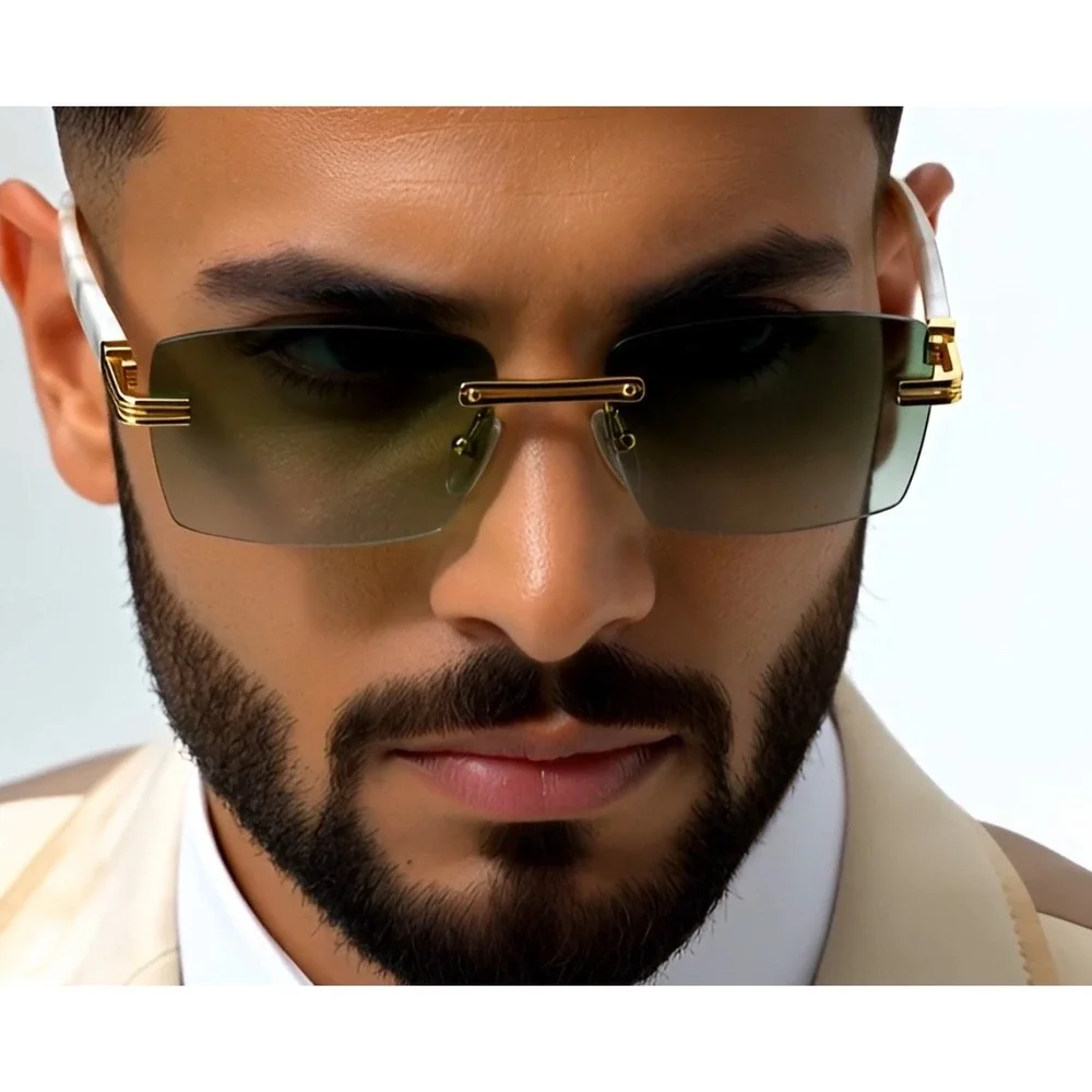 Rimless Rectangle Sunglasses‎ Vintage Style Gold Frame Horn Rim Fashion Lentes